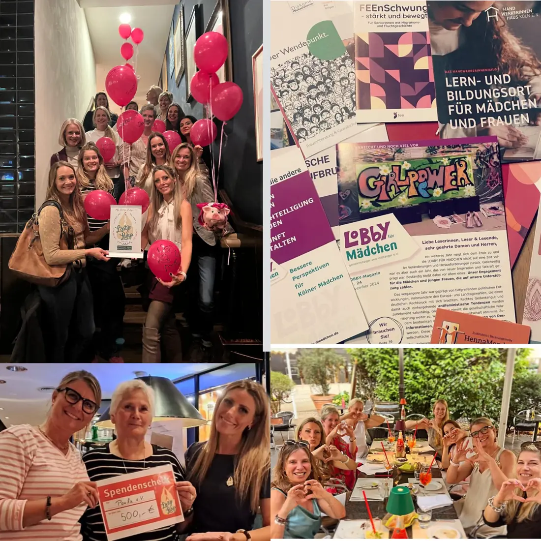 Collage: die Löstije Ladys mit pinken Luftballons, bei einer Spendenübergabe und bei gemeinsamen Treffen